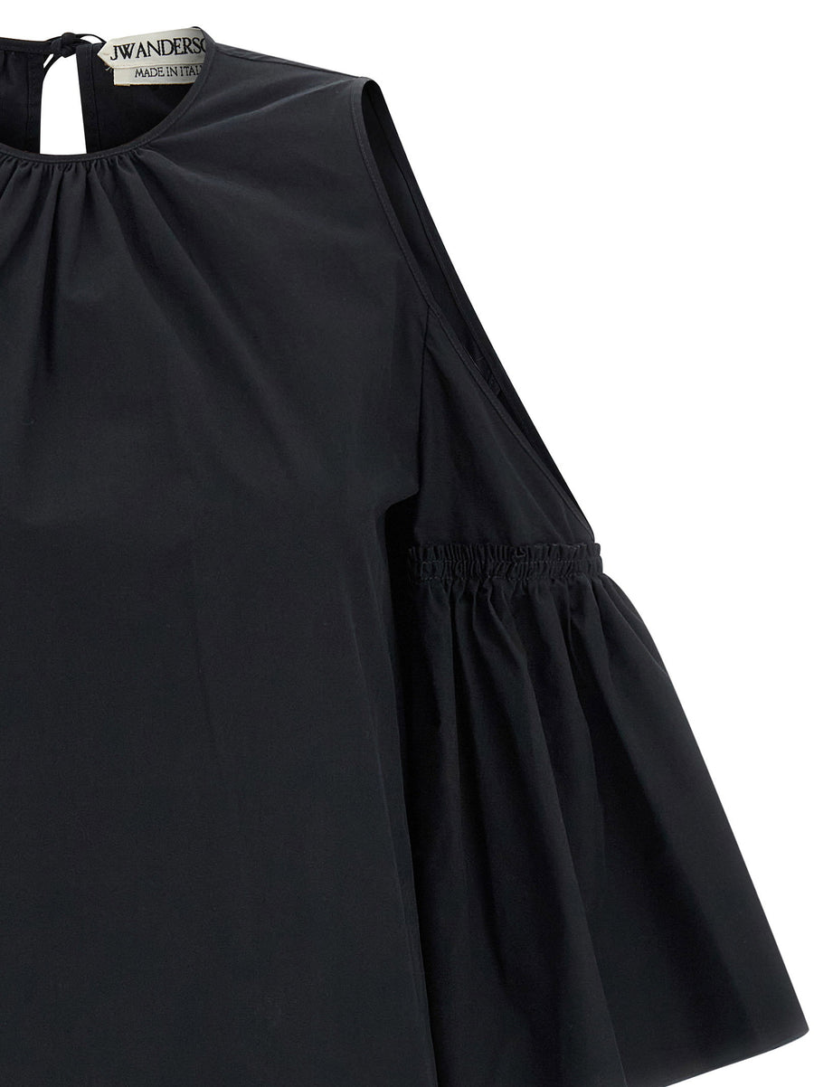 J.W.Anderson Ruffles Dress Black Cotton Poplin Midi with Sculptural Detail and Versatility for Women