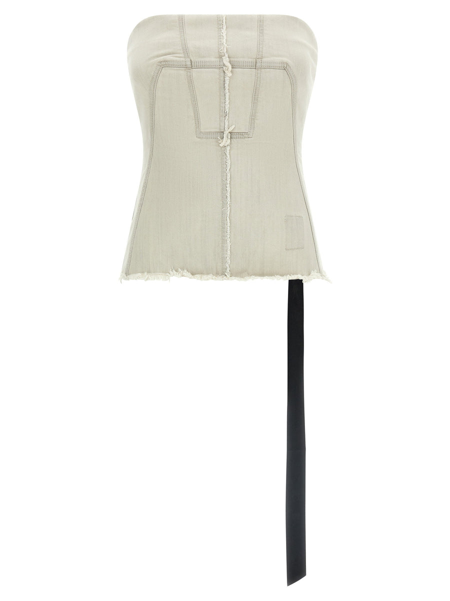 Drkshdw Bustier Top For Women Off Shoulder Garment Dyed Elevated Gray Denim With Fringed Hem And Back Zip