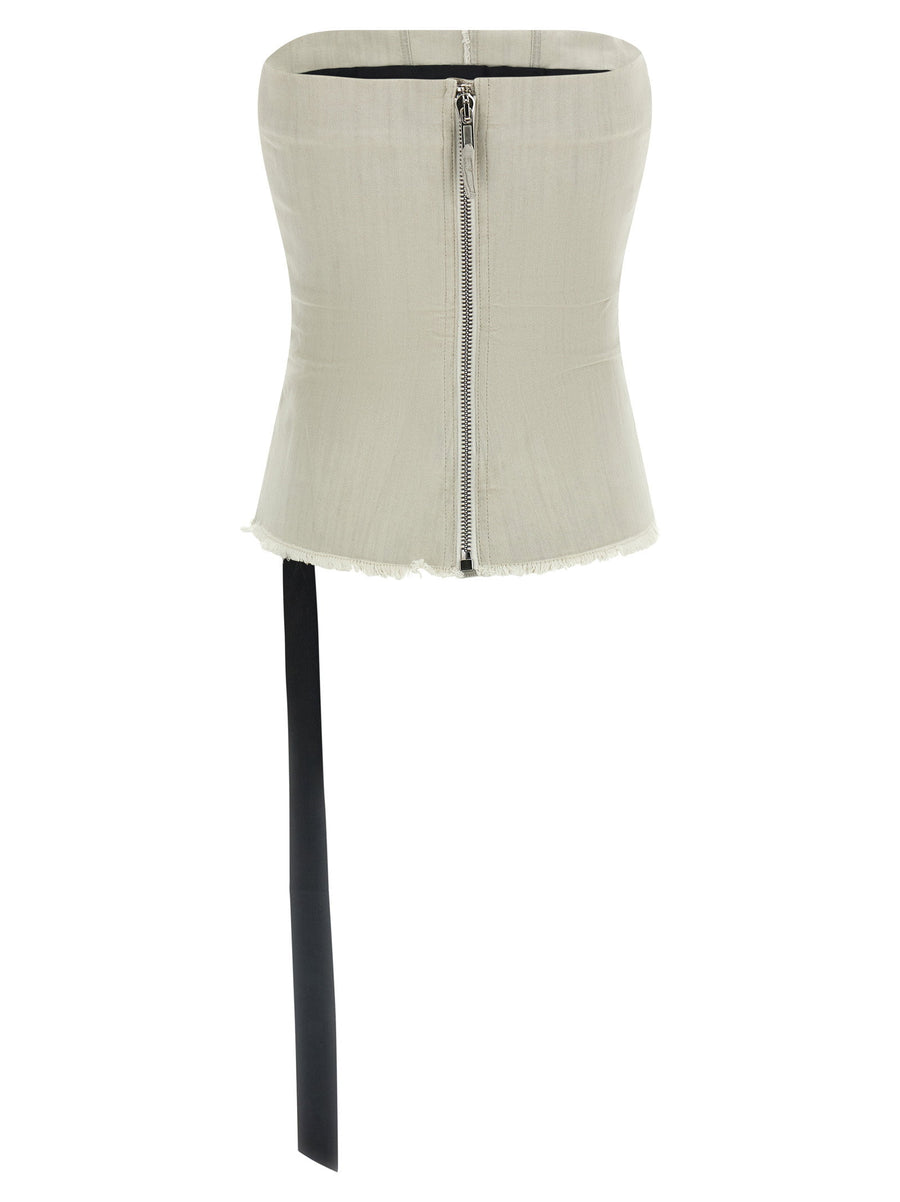 Drkshdw Bustier Top For Women Off Shoulder Garment Dyed Elevated Gray Denim With Fringed Hem And Back Zip
