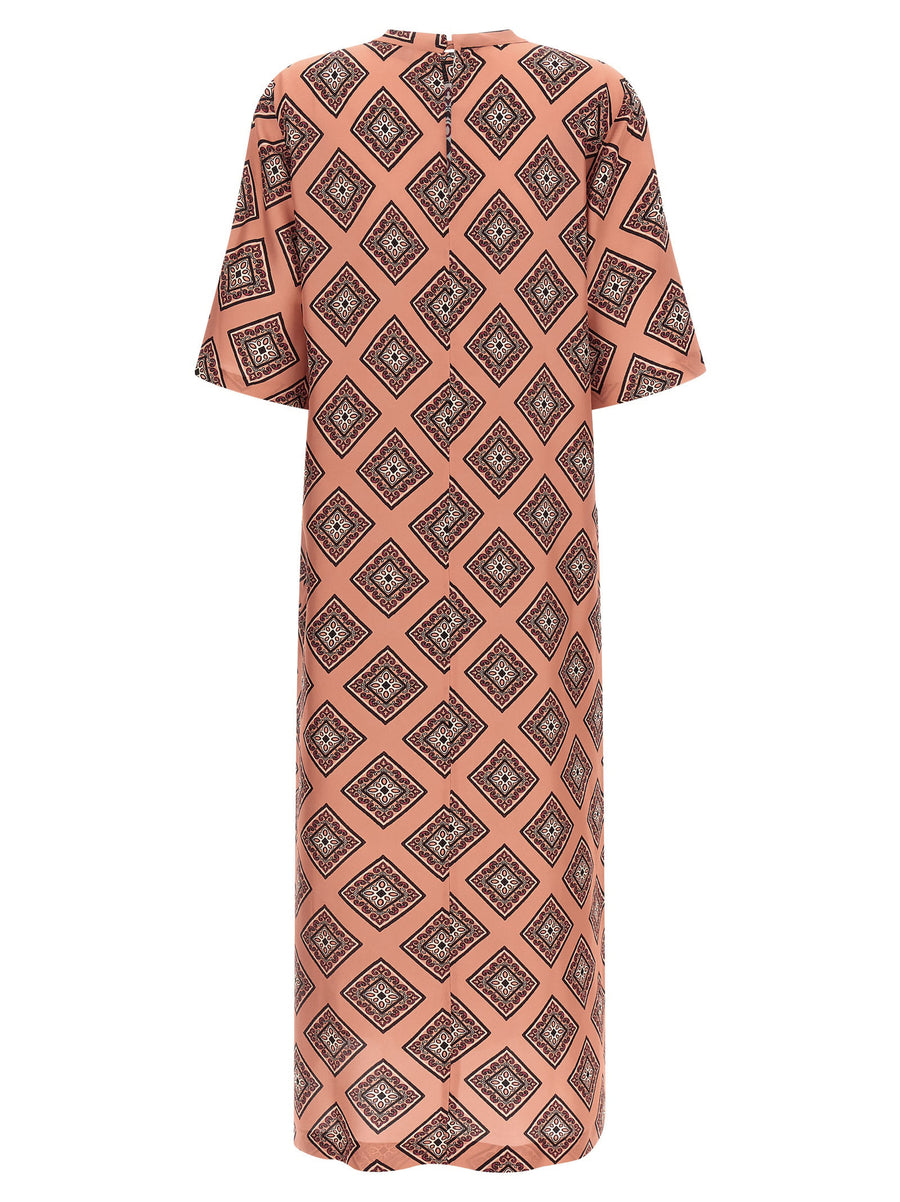 Alberto Biani Silk Tie Print Dress For Women Luxury Pink Long Silk Dress With Elegant Drape