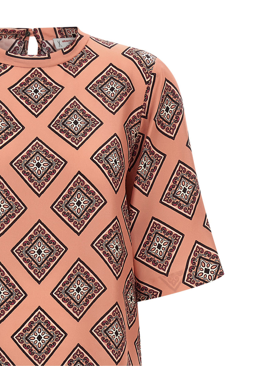 Alberto Biani Silk Tie Print Dress For Women Luxury Pink Long Silk Dress With Elegant Drape