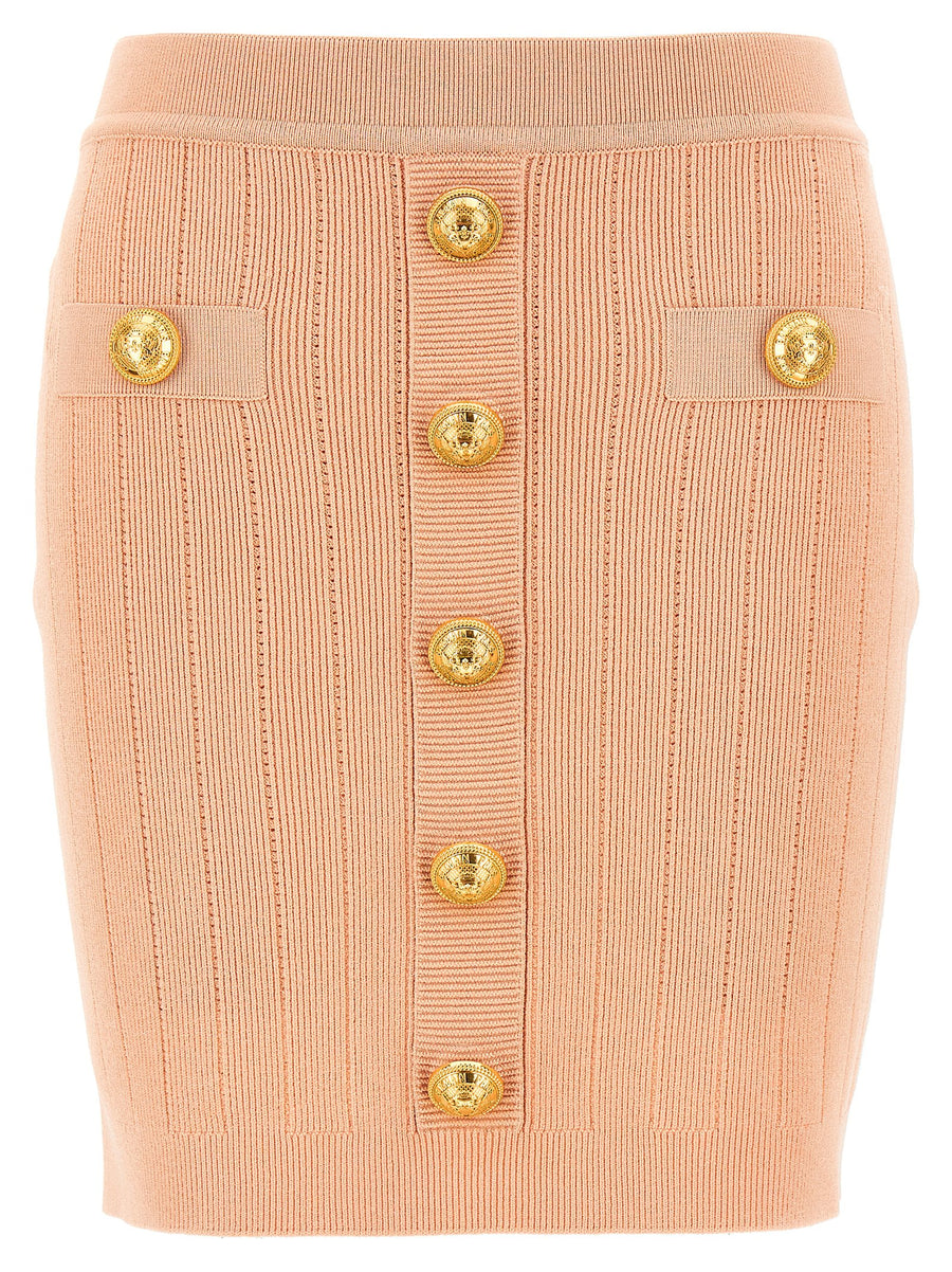 Balmain Chiocciola Skirt Pink Luxury Stretch Viscose Back Zip Logo Buttons For Women