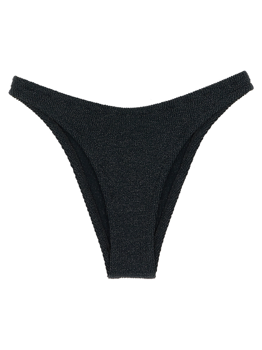 MC2 Saint Barth Elise Bikini Briefs In Blue Crinkle Lurex With Back Logo Patch Mid Leg Coverage For Women