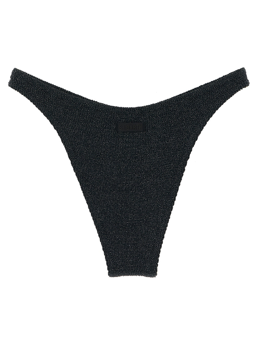MC2 Saint Barth Elise Bikini Briefs In Blue Crinkle Lurex With Back Logo Patch Mid Leg Coverage For Women