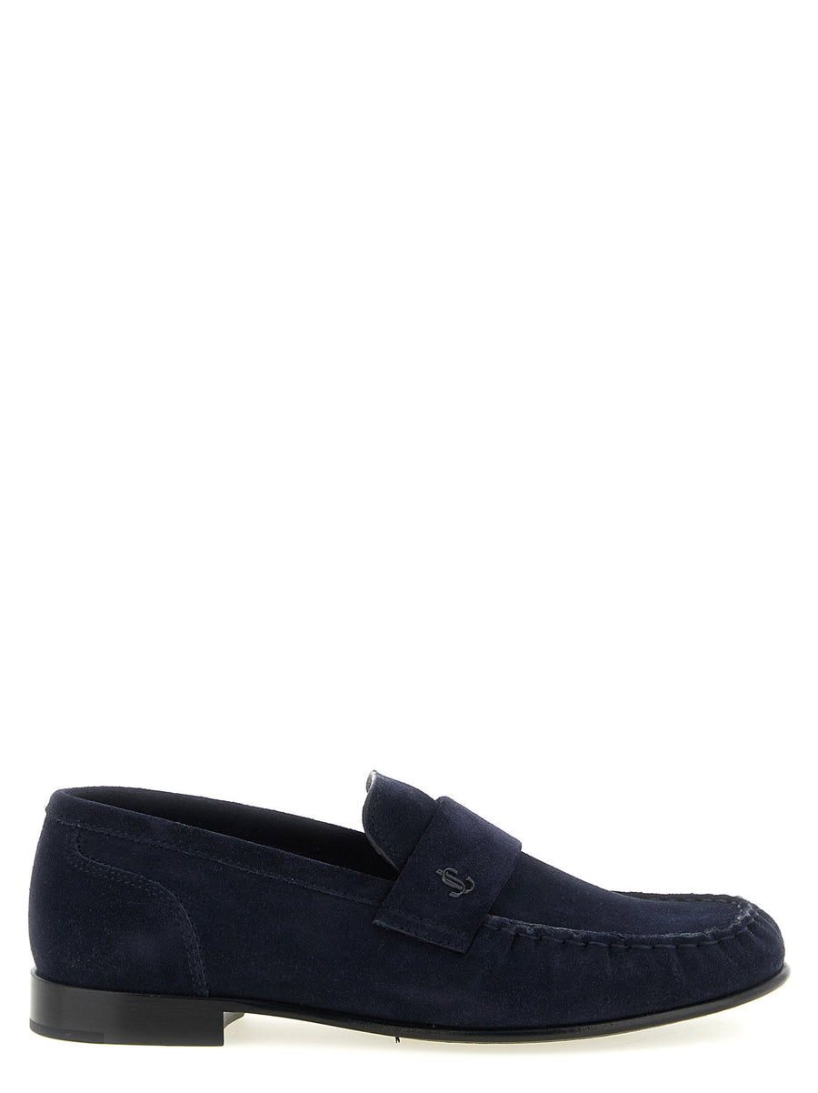 Jimmy Choo Ellis Navy Suede Moccasins With Exposed Moc Toe Stitch