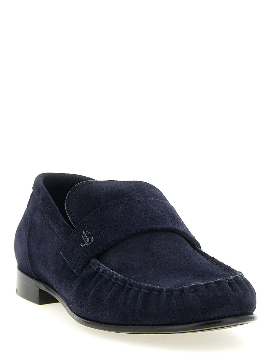 Jimmy Choo Ellis Navy Suede Moccasins With Exposed Moc Toe Stitch