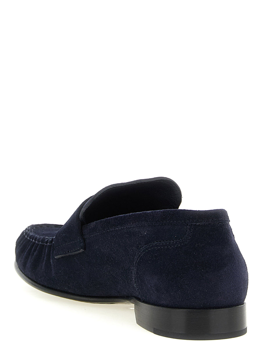 Jimmy Choo Ellis Navy Suede Moccasins With Exposed Moc Toe Stitch