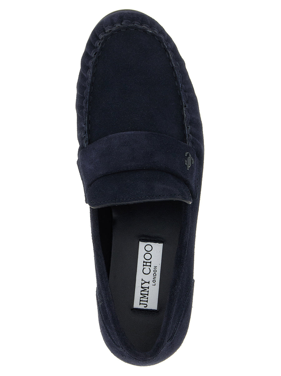 Jimmy Choo Ellis Navy Suede Moccasins With Exposed Moc Toe Stitch