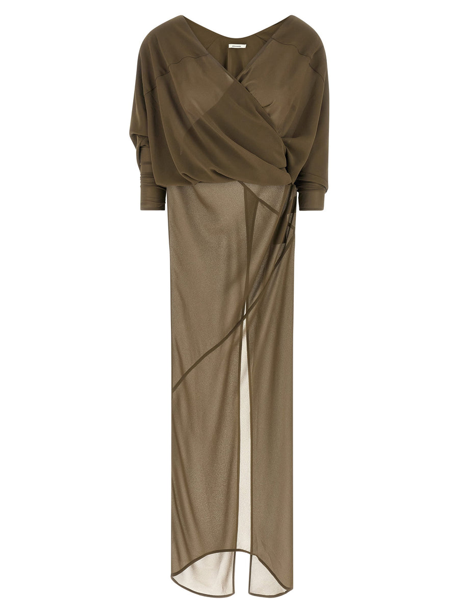 Entire Studios Green Asymmetrical Skirt Dress With Architectural Details And V Neck For Women Long Fluid Silhouette