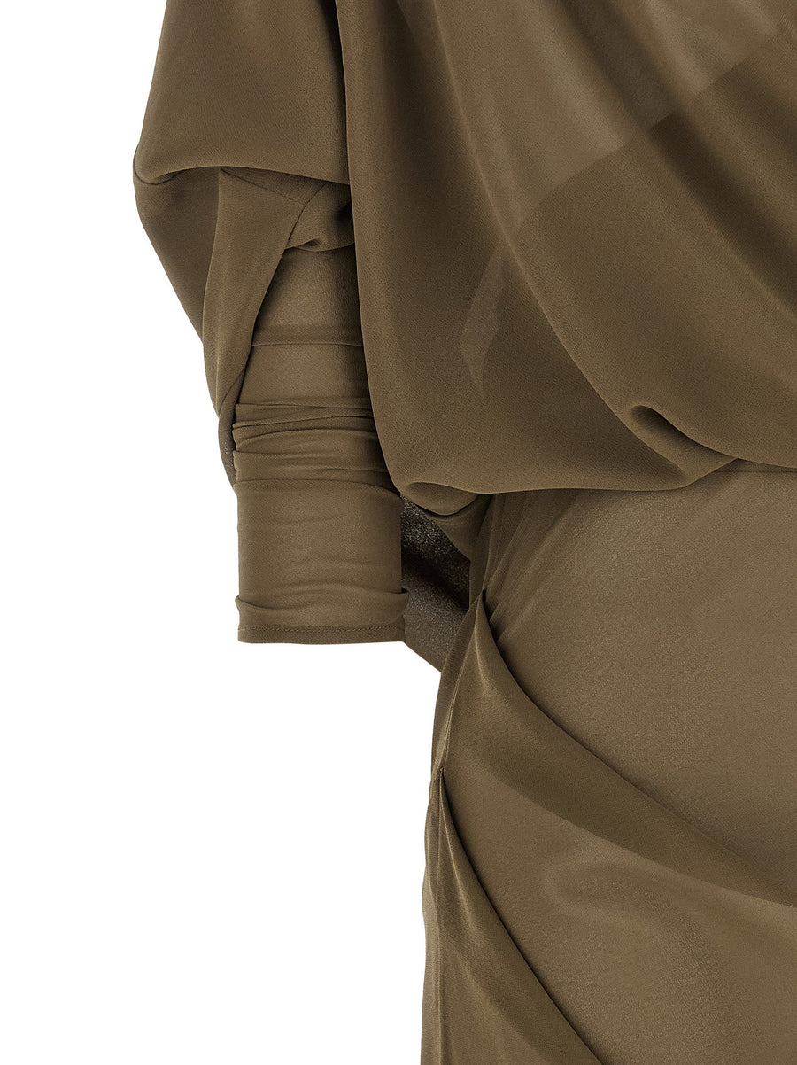 Entire Studios Green Asymmetrical Skirt Dress With Architectural Details And V Neck For Women Long Fluid Silhouette