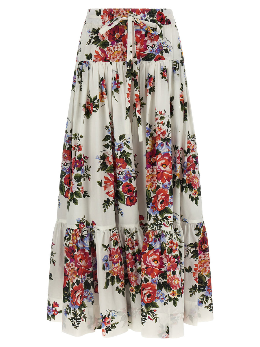 Dolce Gabbana Mazzo Di Fiori Long Cotton Poplin Skirt With Handmade Print For Women