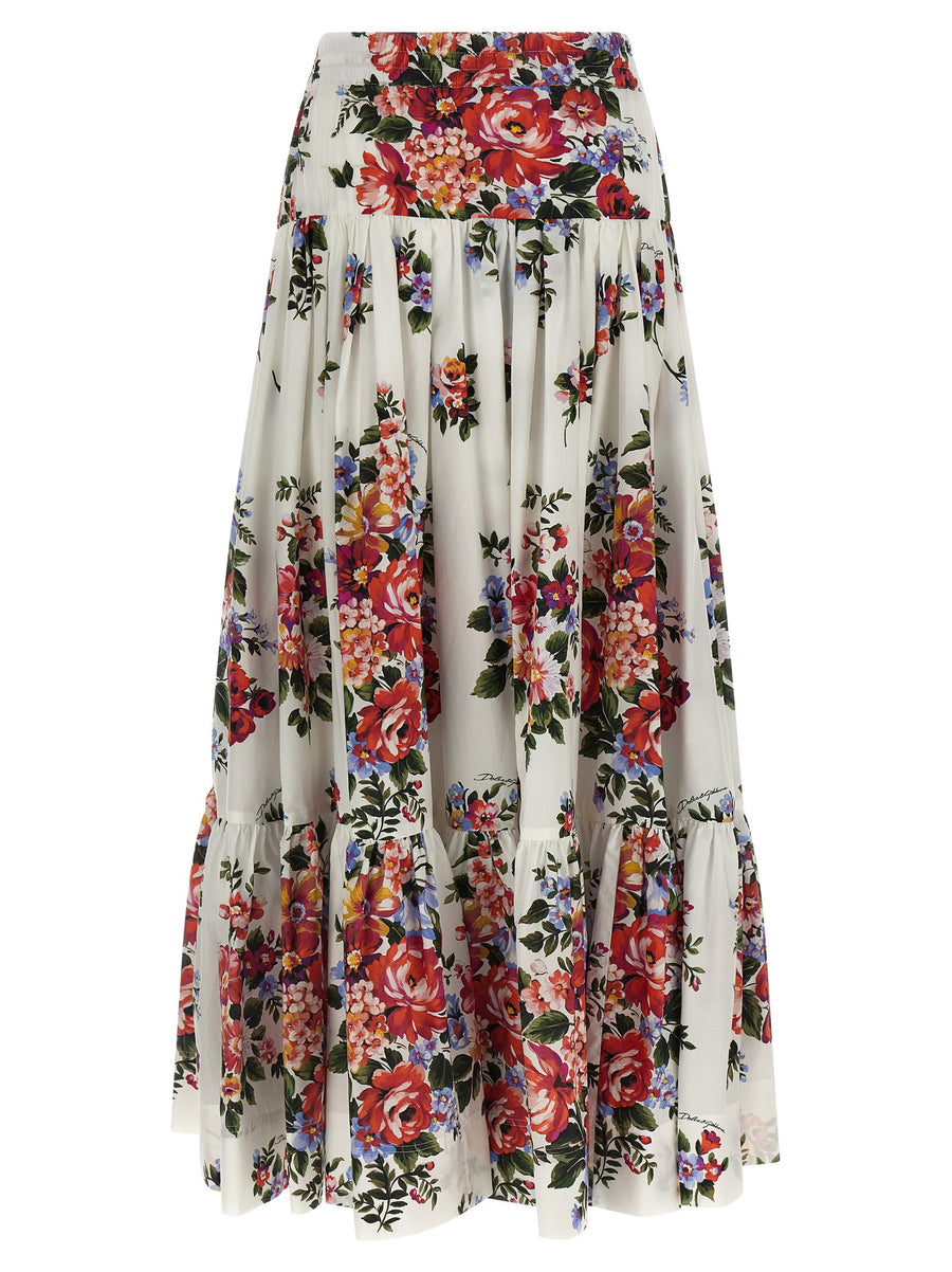 Dolce Gabbana Mazzo Di Fiori Long Cotton Poplin Skirt With Handmade Print For Women