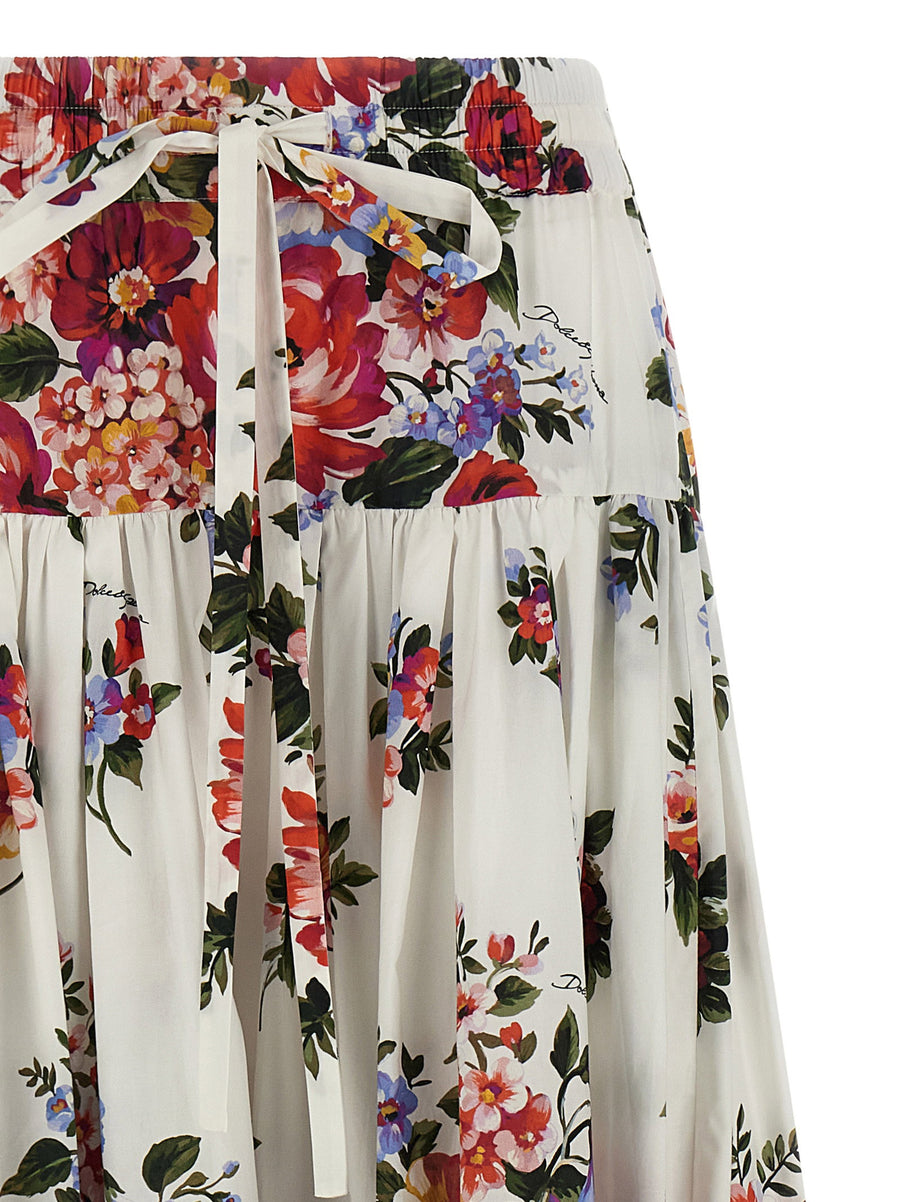 Dolce Gabbana Mazzo Di Fiori Long Cotton Poplin Skirt With Handmade Print For Women