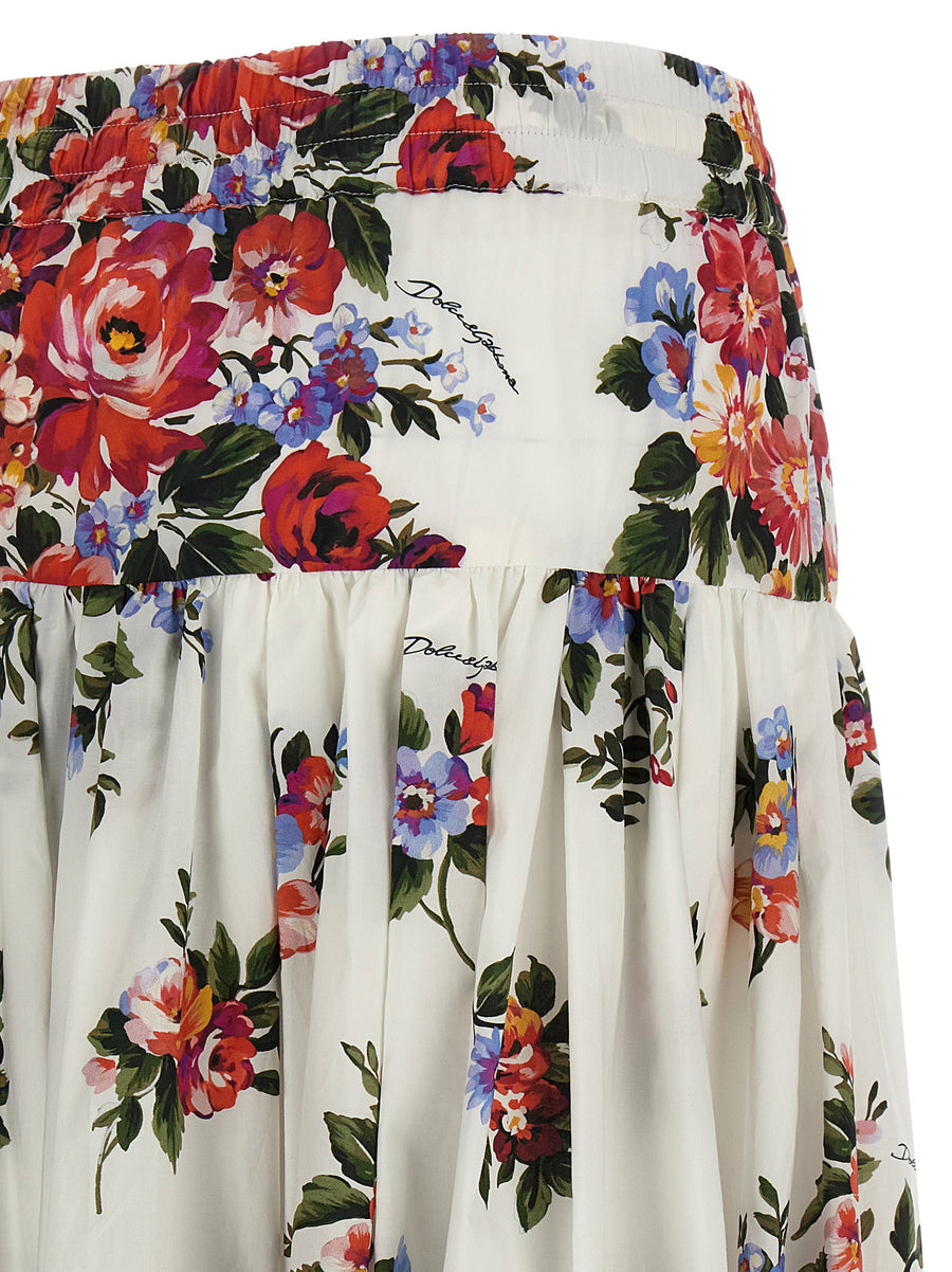 Dolce Gabbana Mazzo Di Fiori Long Cotton Poplin Skirt With Handmade Print For Women