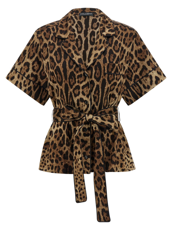 Brown Silk Leopard Print Belted Shirt For Women By Dolce And Gabbana