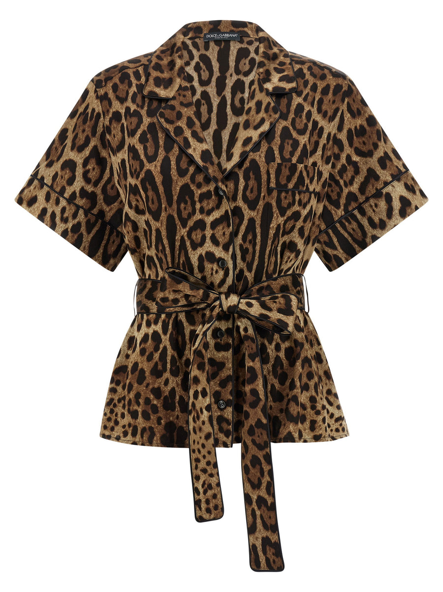 Brown Silk Leopard Print Belted Shirt For Women By Dolce And Gabbana