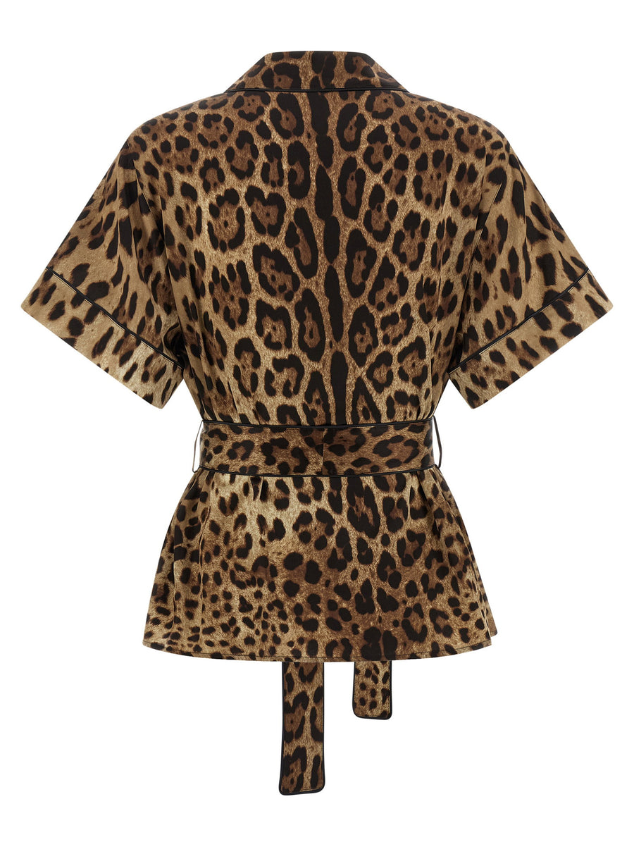 Brown Silk Leopard Print Belted Shirt For Women By Dolce And Gabbana