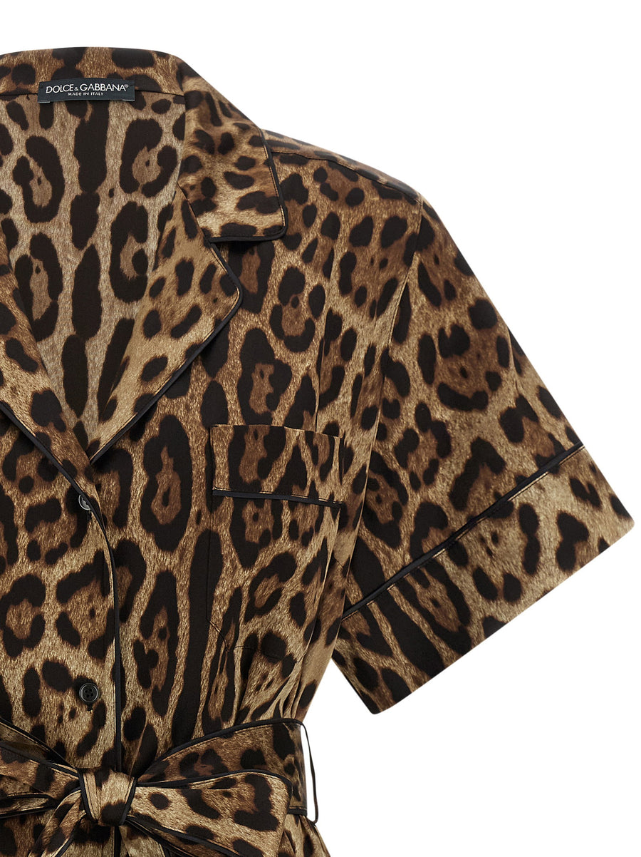 Brown Silk Leopard Print Belted Shirt For Women By Dolce And Gabbana