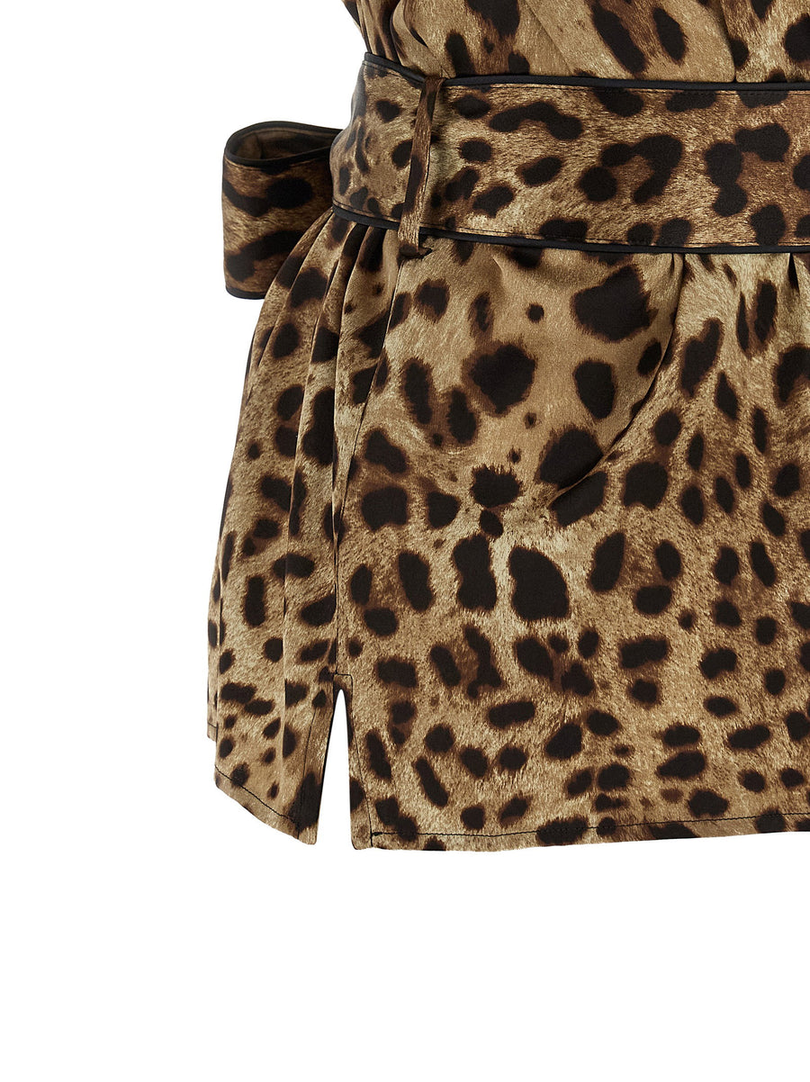 Brown Silk Leopard Print Belted Shirt For Women By Dolce And Gabbana