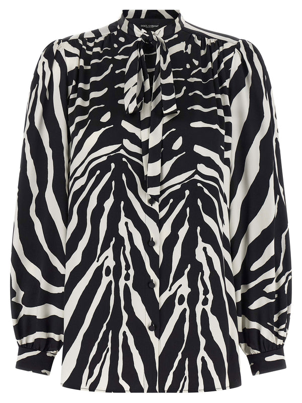 Dolce Gabbana Zebra Print Silk Shirt With High Collar Lavalliere Tie