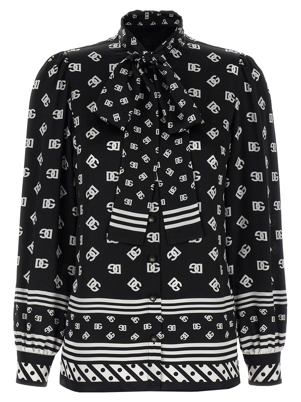 Dolce And Gabbana Silk Shirt With Lavalliere Collar DG Logo Print For Women Luxury Office Wear