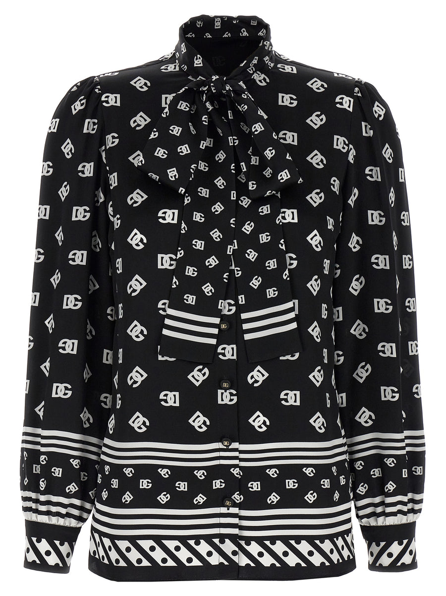 Dolce And Gabbana Silk Shirt With Lavalliere Collar DG Logo Print For Women Luxury Office Wear