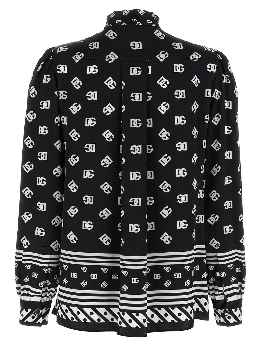 Dolce And Gabbana Silk Shirt With Lavalliere Collar DG Logo Print For Women Luxury Office Wear