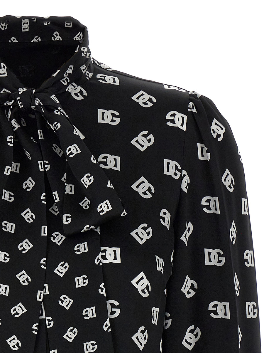 Dolce And Gabbana Silk Shirt With Lavalliere Collar DG Logo Print For Women Luxury Office Wear