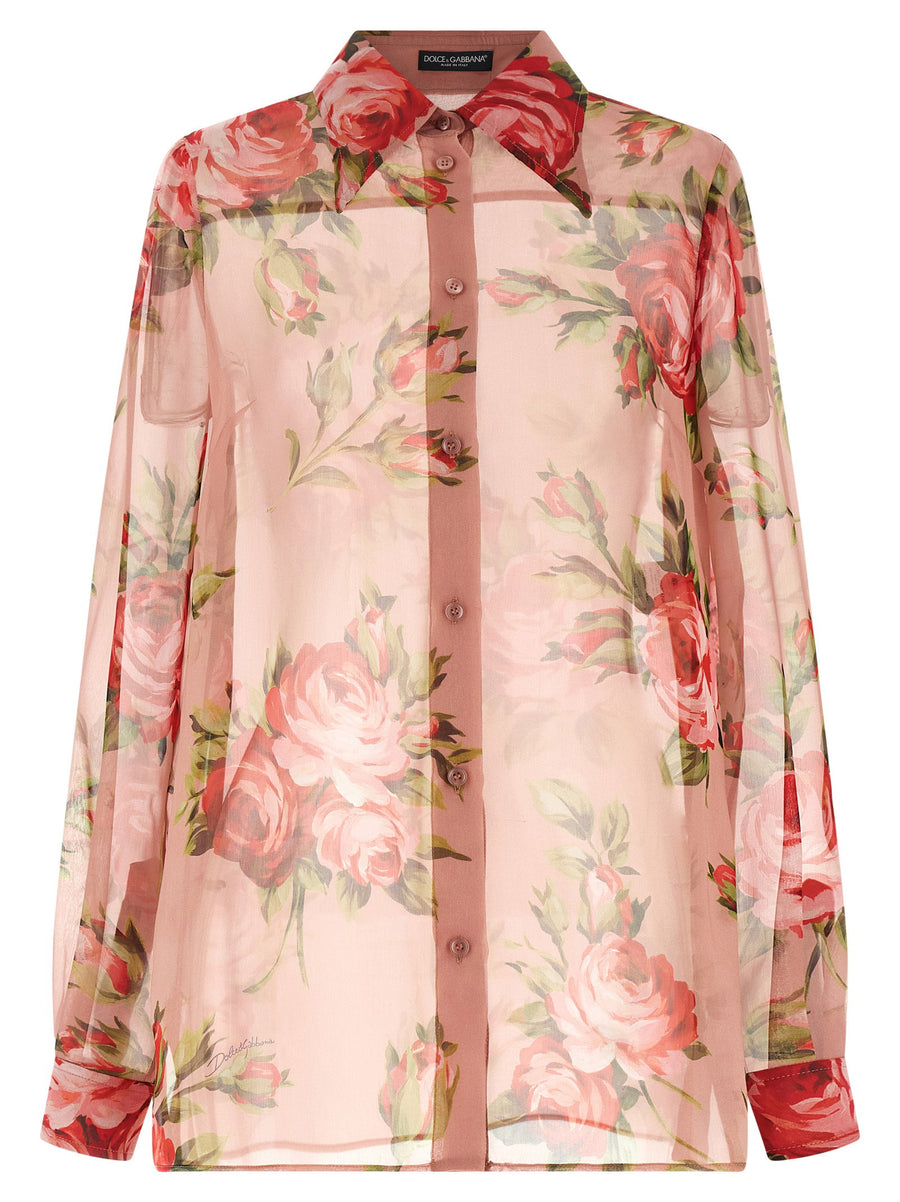 Dolce And Gabbana Bouquet Rose Silk Chiffon Shirt For Women Allover Print Luxurious Semi Transparent