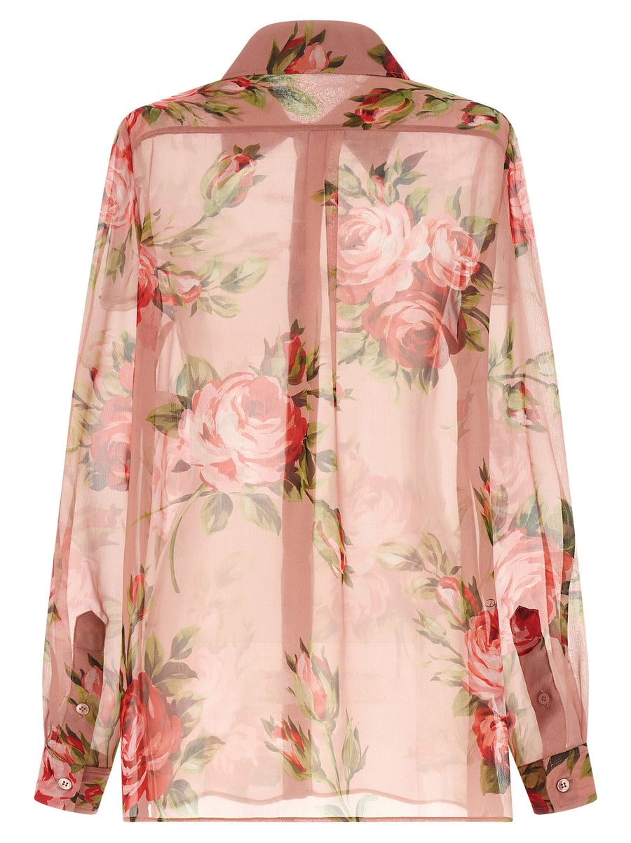 Dolce And Gabbana Bouquet Rose Silk Chiffon Shirt For Women Allover Print Luxurious Semi Transparent