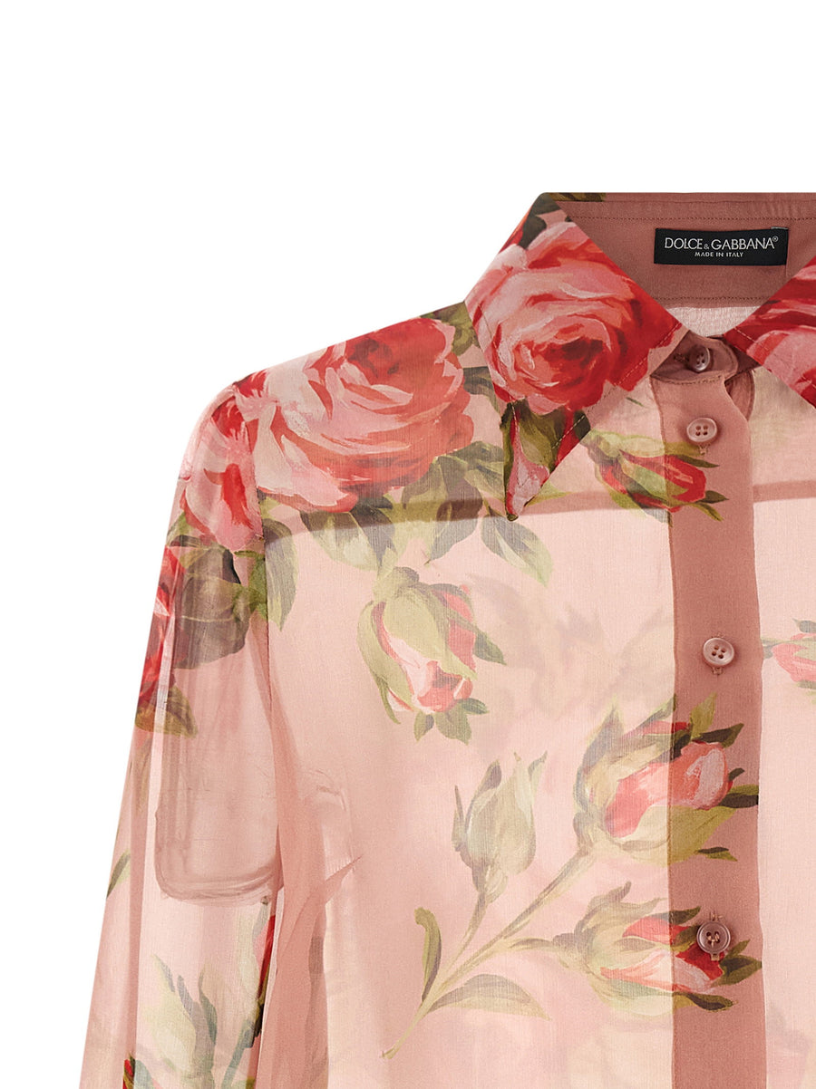 Dolce And Gabbana Bouquet Rose Silk Chiffon Shirt For Women Allover Print Luxurious Semi Transparent