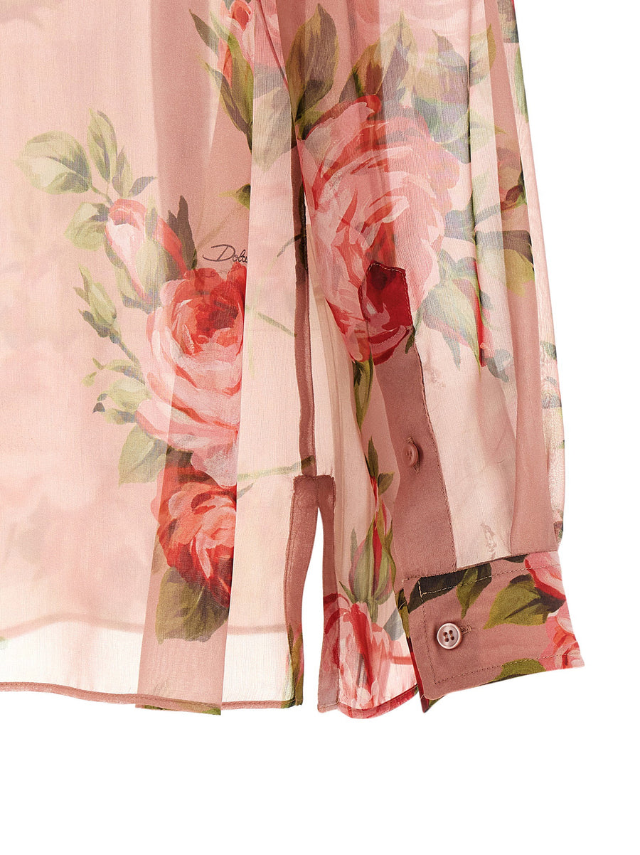 Dolce And Gabbana Bouquet Rose Silk Chiffon Shirt For Women Allover Print Luxurious Semi Transparent