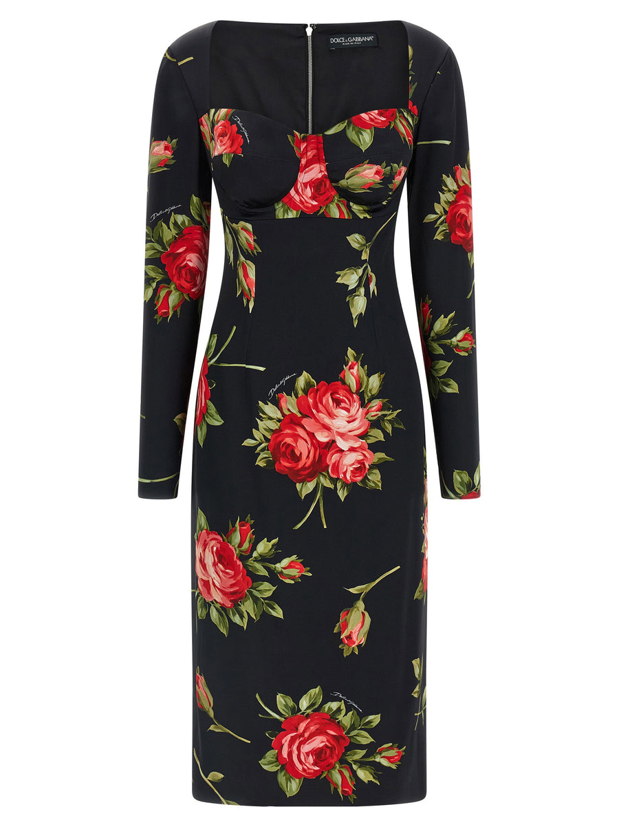 Dolce and Gabbana Bouquet Rose Dress Satin Midi Sheath With Couture Detailing For Women