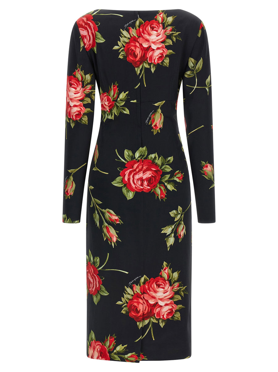 Dolce and Gabbana Bouquet Rose Dress Satin Midi Sheath With Couture Detailing For Women