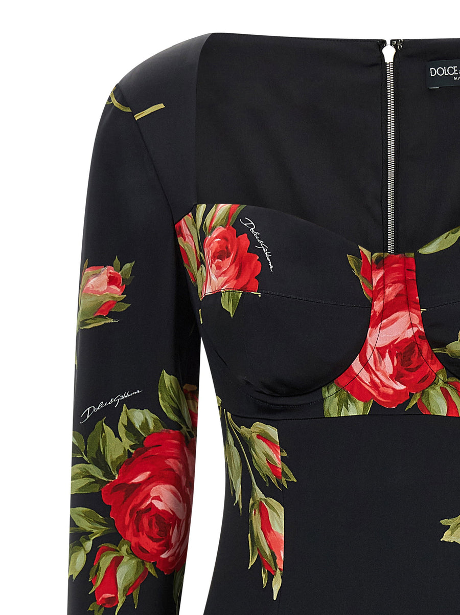 Dolce and Gabbana Bouquet Rose Dress Satin Midi Sheath With Couture Detailing For Women