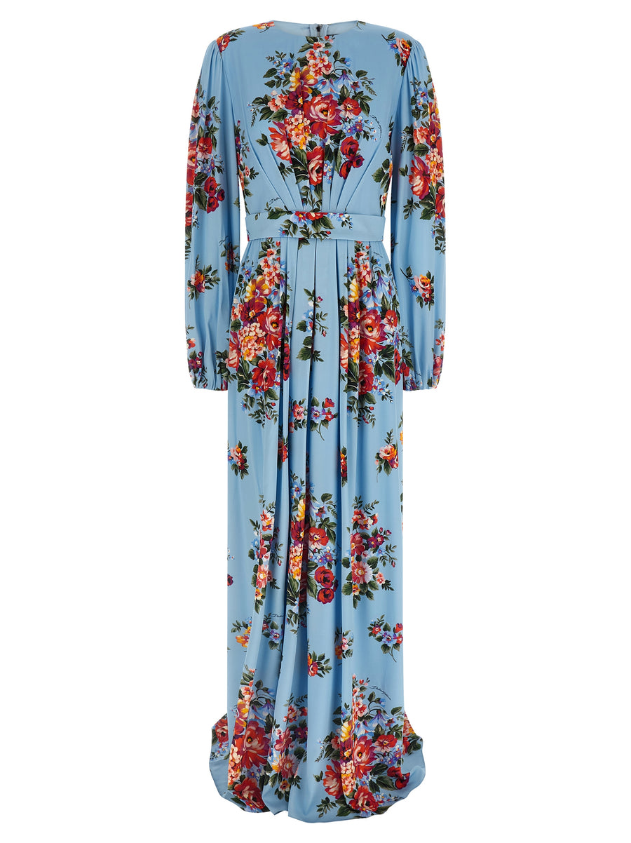 Dolce And Gabbana Mazzo Di Fiori Dress In Light Blue Silk Charmeuse, Handmade Print Variations, Evening Wear For Women