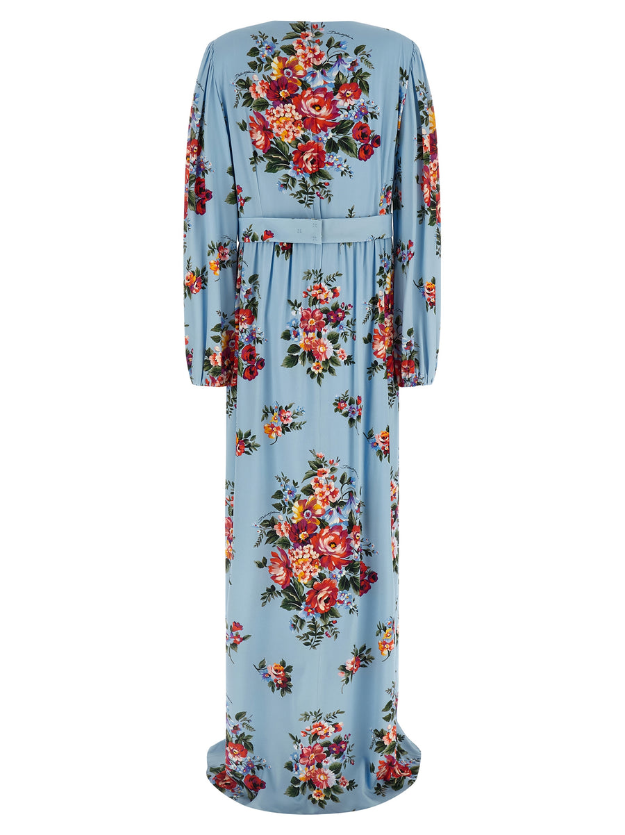 Dolce And Gabbana Mazzo Di Fiori Dress In Light Blue Silk Charmeuse, Handmade Print Variations, Evening Wear For Women