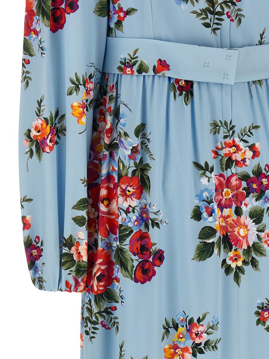 Dolce And Gabbana Mazzo Di Fiori Dress In Light Blue Silk Charmeuse, Handmade Print Variations, Evening Wear For Women