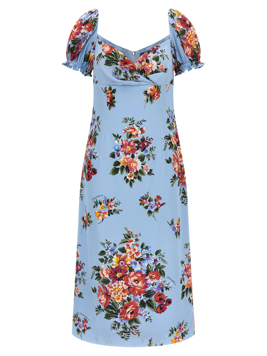 Dolce & Gabbana Mazzo Di Fiori Silk Dress For Women Luxurious Print With Sweetheart Neckline