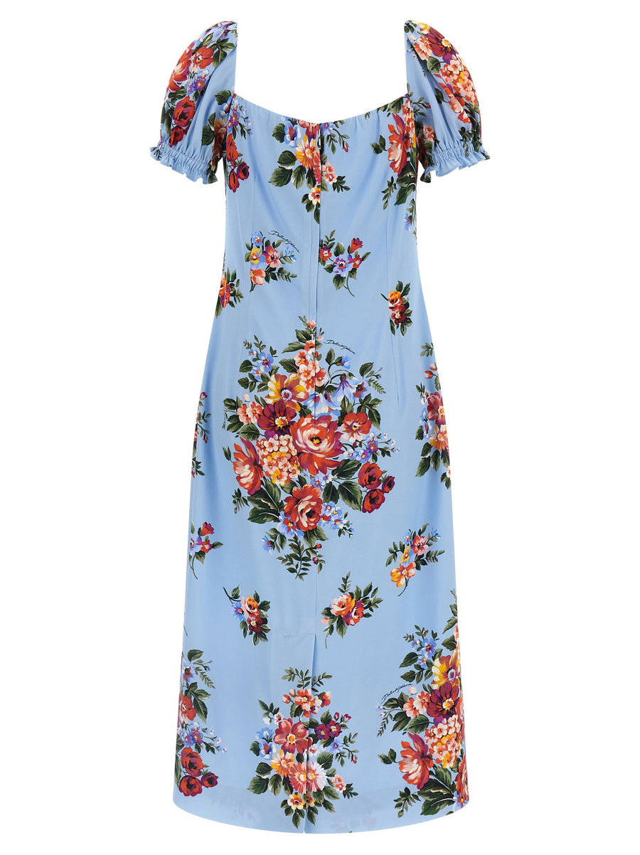 Dolce & Gabbana Mazzo Di Fiori Silk Dress For Women Luxurious Print With Sweetheart Neckline