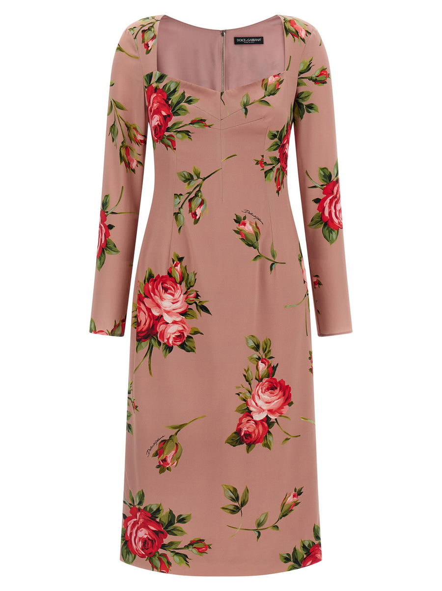 Dolce And Gabbana Bouquet Rose Silk Midi Dress For Women Luxurious Pink Print With Long Sleeves