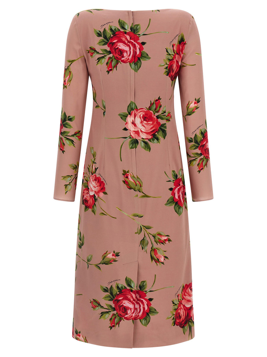 Dolce And Gabbana Bouquet Rose Silk Midi Dress For Women Luxurious Pink Print With Long Sleeves
