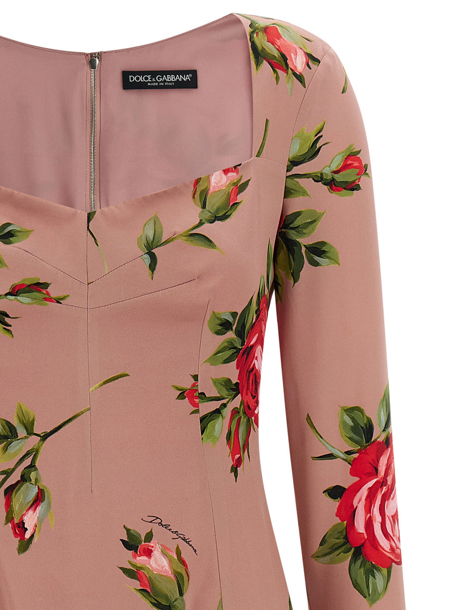 Dolce And Gabbana Bouquet Rose Silk Midi Dress For Women Luxurious Pink Print With Long Sleeves