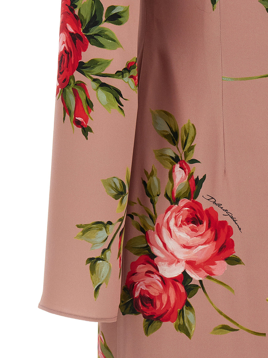 Dolce And Gabbana Bouquet Rose Silk Midi Dress For Women Luxurious Pink Print With Long Sleeves