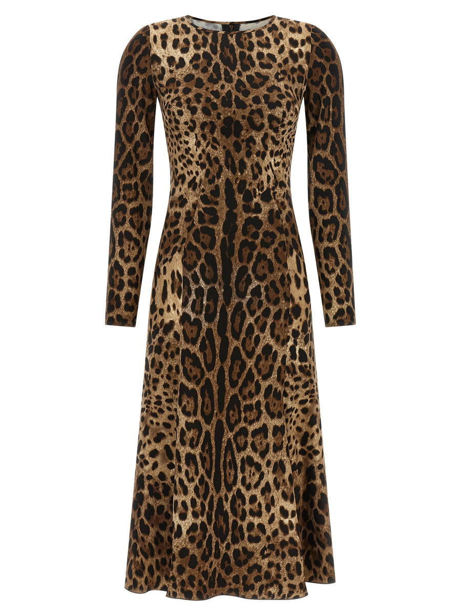 Dolce And Gabbana Leopard Print Midi Dress With Long Sleeves