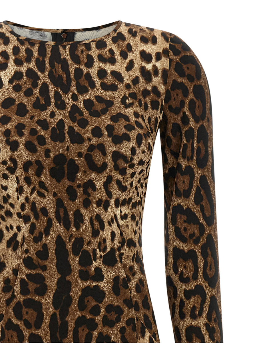 Dolce And Gabbana Leopard Print Midi Dress With Long Sleeves
