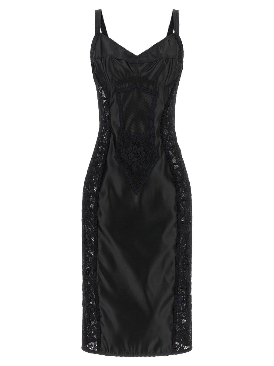 Dolce And Gabbana Corsetry Dress Longuette In Black Satin And Floral Lace