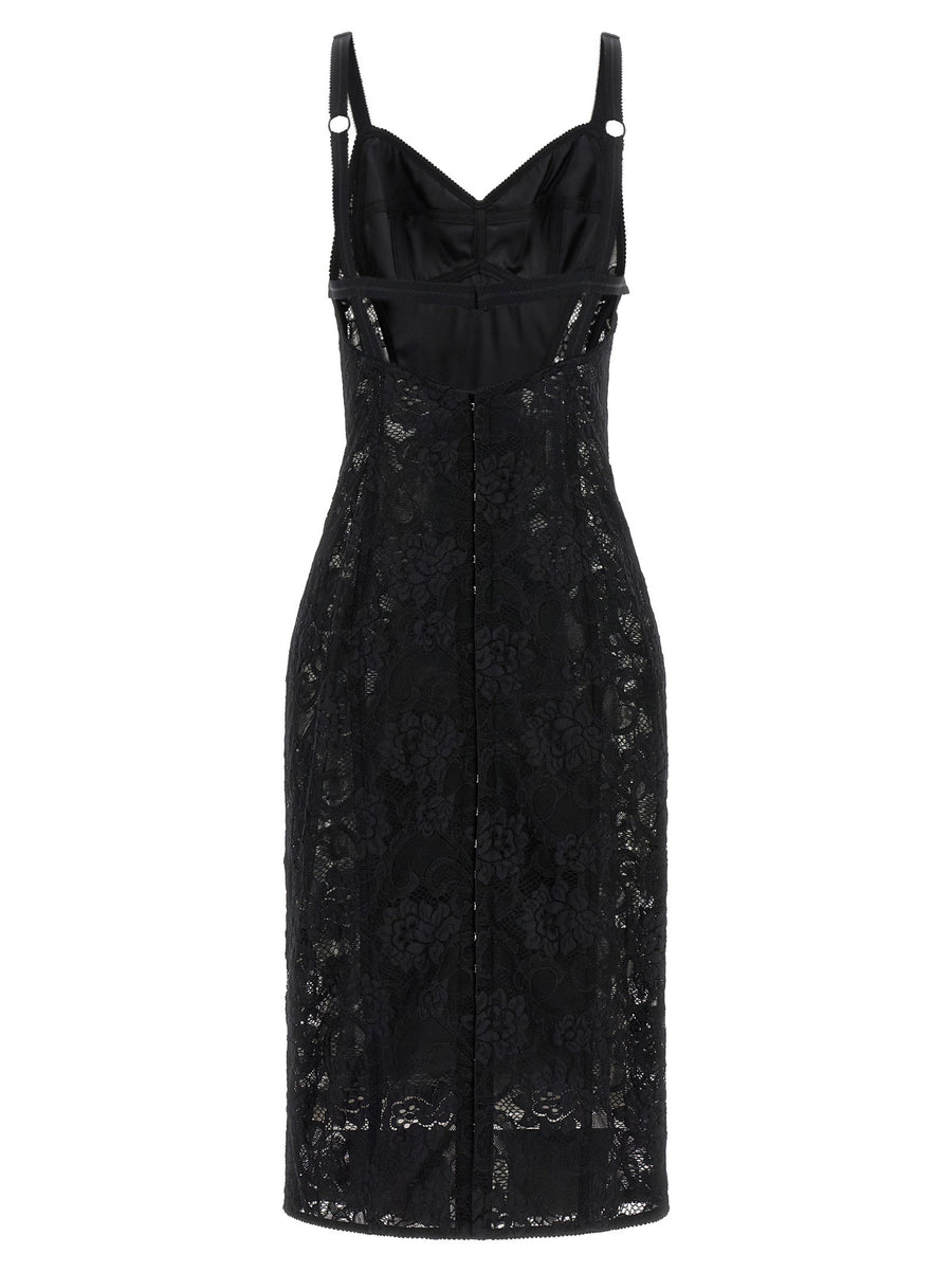Dolce And Gabbana Corsetry Dress Longuette In Black Satin And Floral Lace
