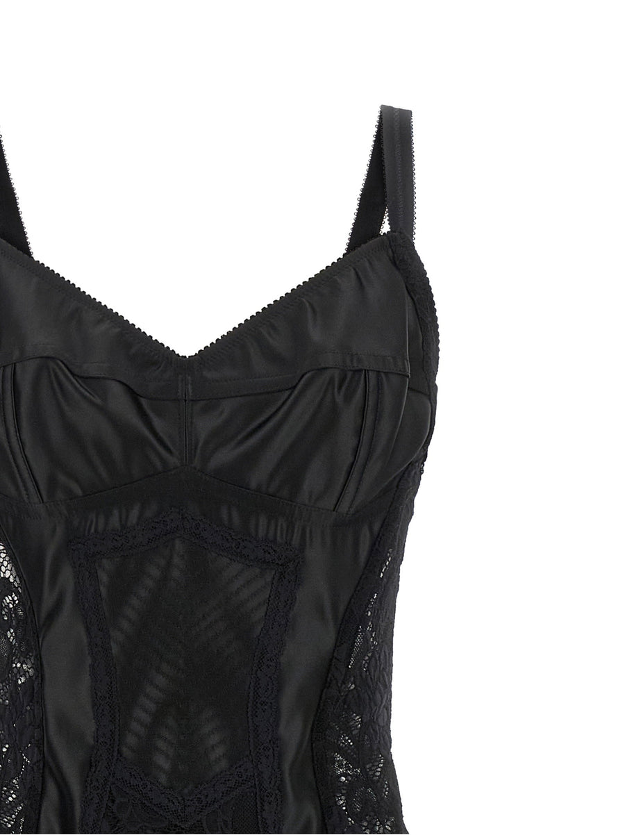 Dolce And Gabbana Corsetry Dress Longuette In Black Satin And Floral Lace