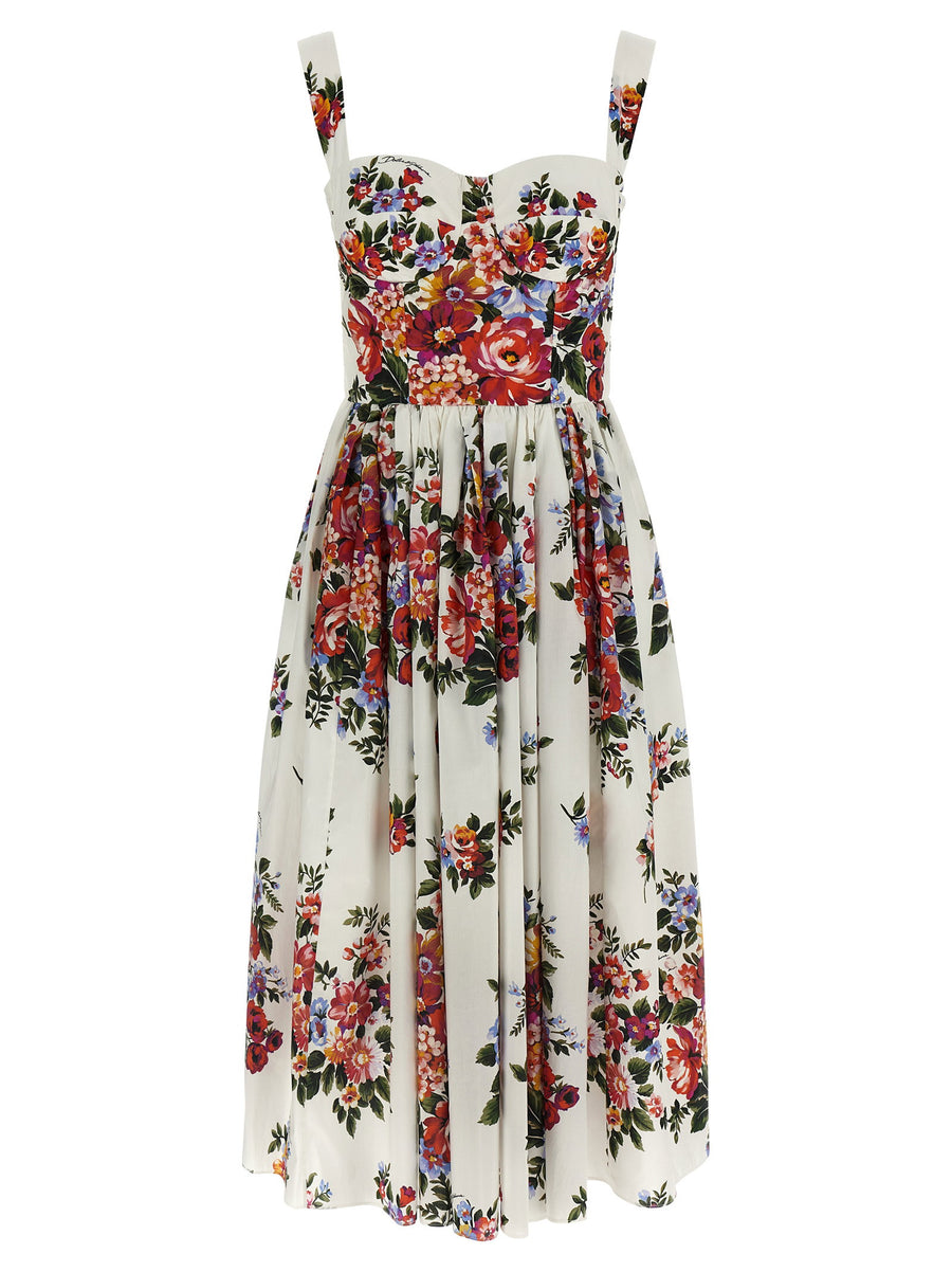 Dolce And Gabbana Mazzo Di Fiori Print Cotton Midi Dress With Bustier Bodice